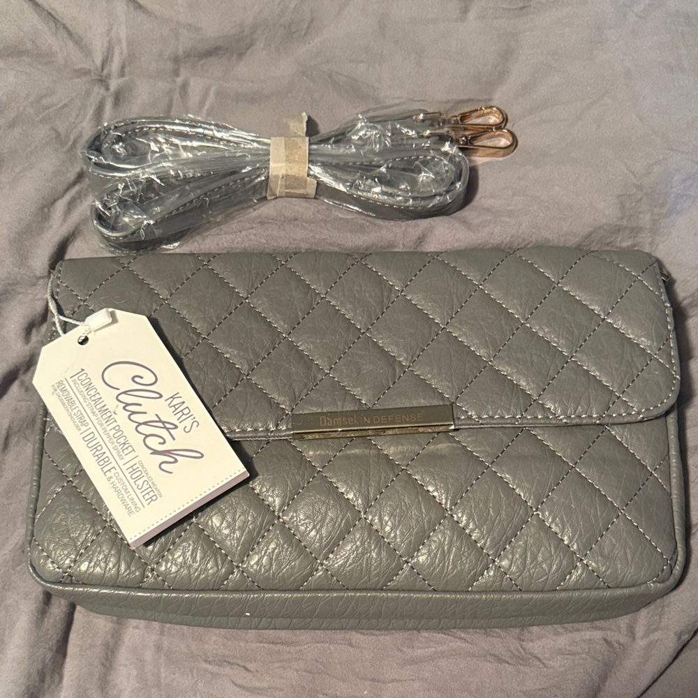 Damsel in Defense Quilted Gray Clutch with Detachable Strap